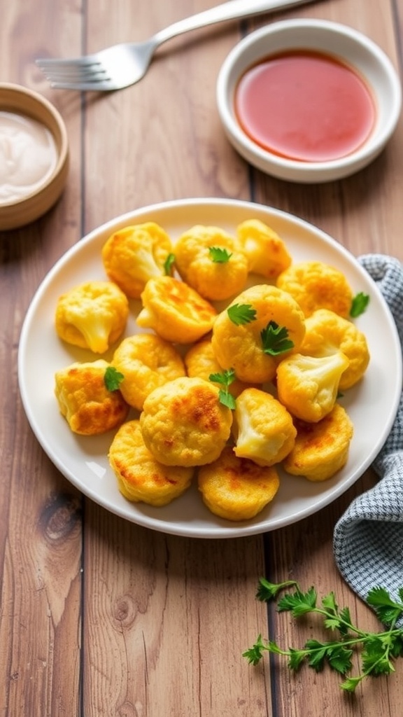 A plate of cheesy cauliflower egg bites garnished with herbs, on a rustic table with dipping sauce.